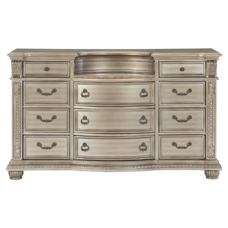 English Elm Formal Silver Birch Dresser with Marble Inset Top Hand Carved Old World Bedroom Set B011S07629