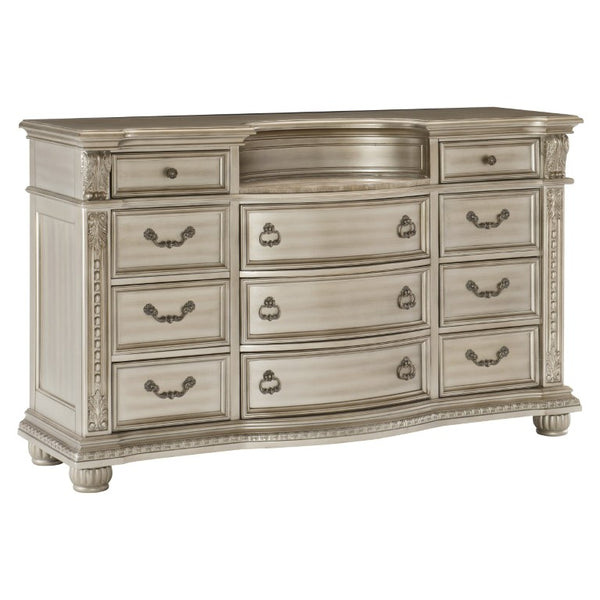 English Elm Formal Silver Birch Dresser with Marble Inset Top Hand Carved Old World Bedroom Set B011S07629