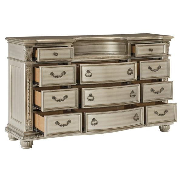 English Elm Formal Silver Birch Dresser with Marble Inset Top Hand Carved Old World Bedroom Set B011S07629