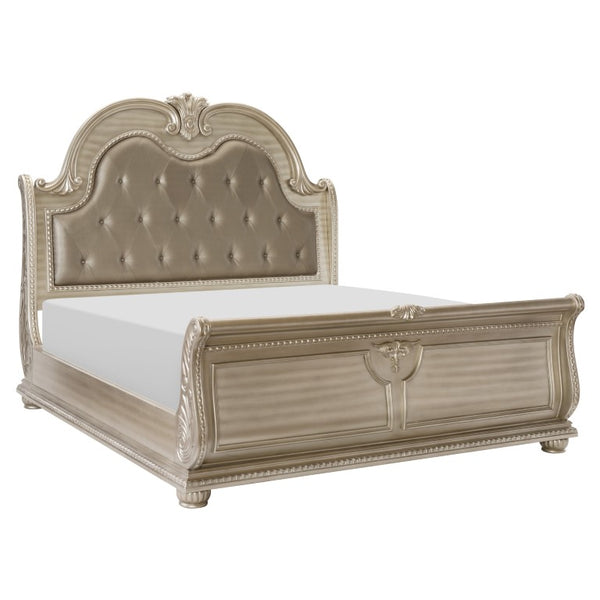 English Elm Formal Silver Birch Veneer Queen Sleigh Bed with Tufted Faux Leather Carved Headboard B011S07630