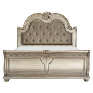 English Elm Formal Silver Birch Veneer Queen Sleigh Bed with Tufted Faux Leather Carved Headboard B011S07630