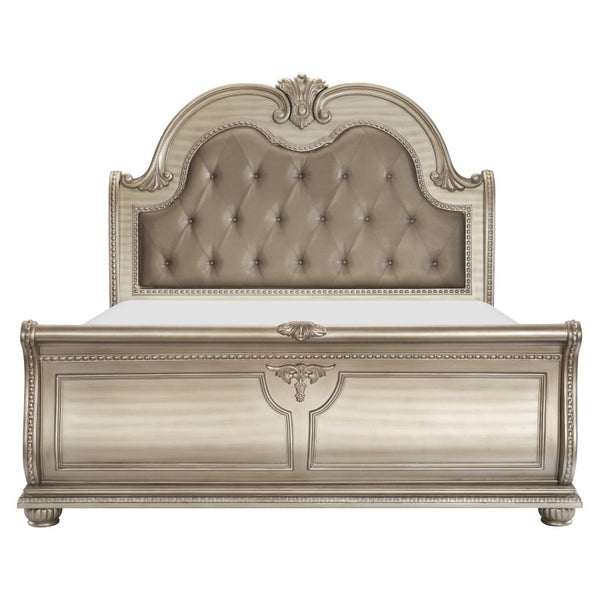 English Elm Formal Silver Birch Veneer Queen Sleigh Bed with Tufted Faux Leather Carved Headboard B011S07630