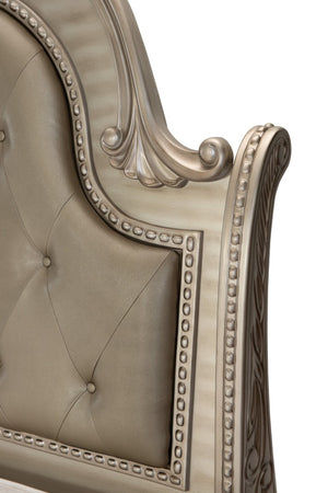 English Elm Formal Silver Birch Veneer Queen Sleigh Bed with Tufted Faux Leather Carved Headboard B011S07630