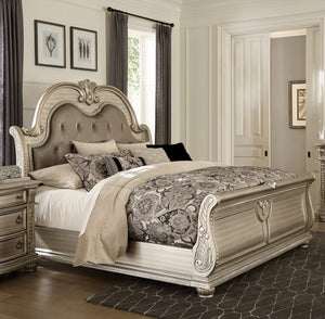 English Elm Formal Silver Birch Veneer Queen Sleigh Bed with Tufted Faux Leather Carved Headboard B011S07630