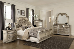 English Elm Formal Silver Birch Veneer Queen Sleigh Bed with Tufted Faux Leather Carved Headboard B011S07630