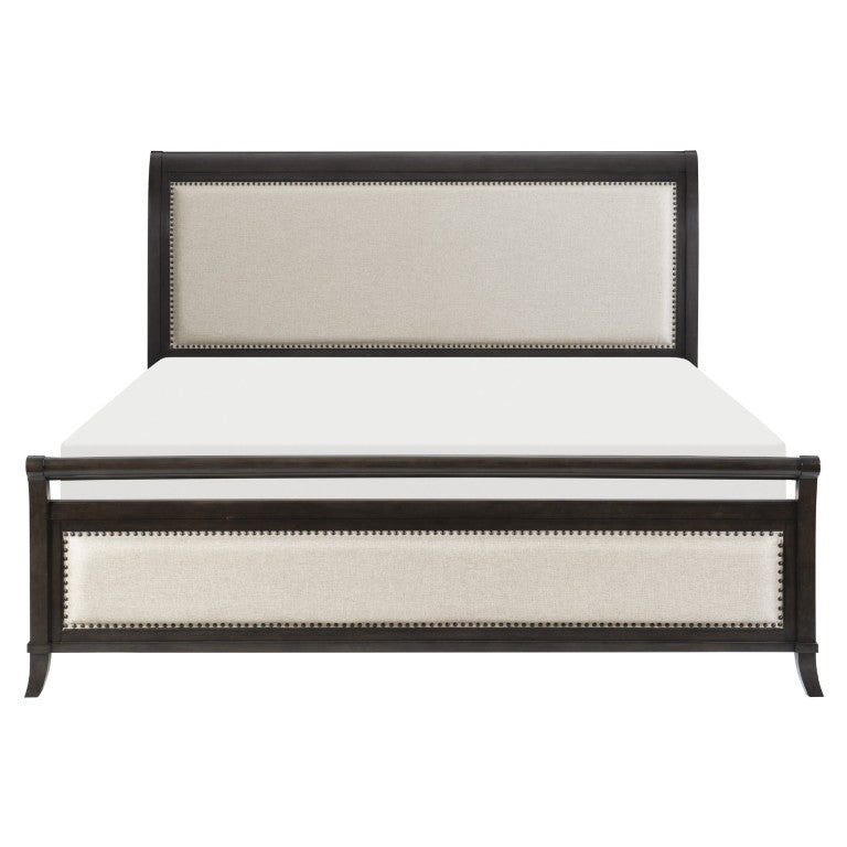 English Elm Queen Sleigh Bed Woven Fabric Upholstery Nailhead Detail Dark Cherry Wood Frame B011S07634