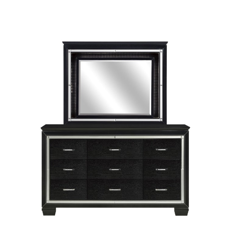 English Elm Modern Glam Nine Drawer Dresser with LED Mirror Alligator Embossed Crystal Hardware B011S07636