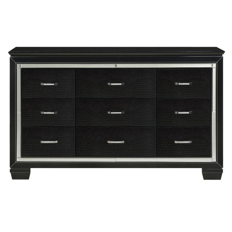English Elm Modern Glam Nine Drawer Dresser with LED Mirror Alligator Embossed Crystal Hardware B011S07636