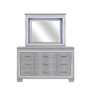 English Elm Modern Glam Silver Dresser with LED Mirror Embossed Alligator Drawers Bedroom B011S07637