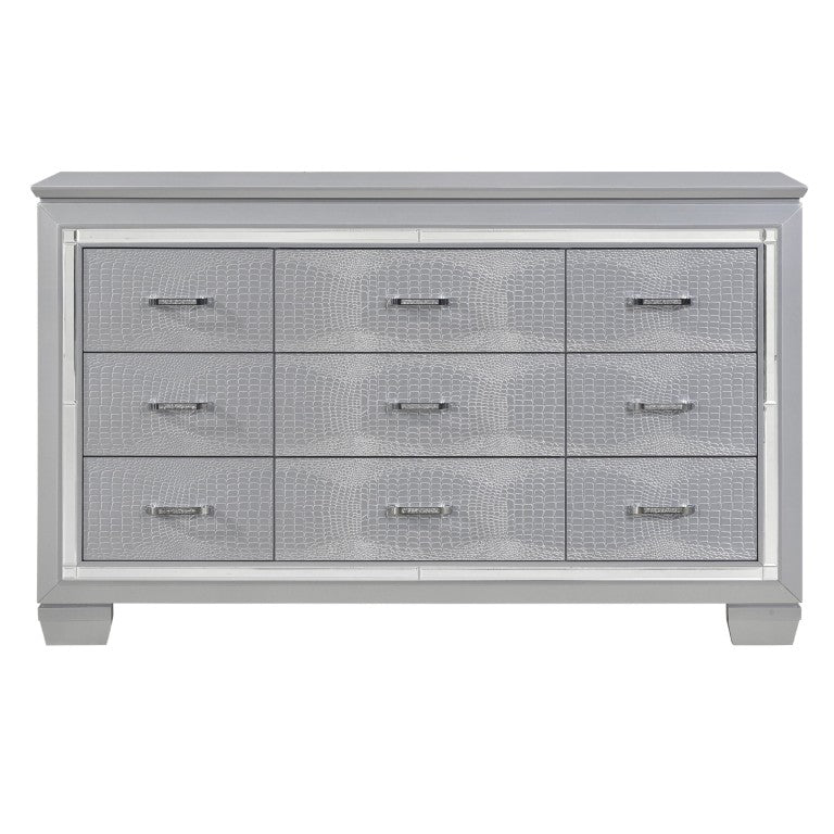 English Elm Modern Glam Silver Dresser with LED Mirror Embossed Alligator Drawers Bedroom B011S07637