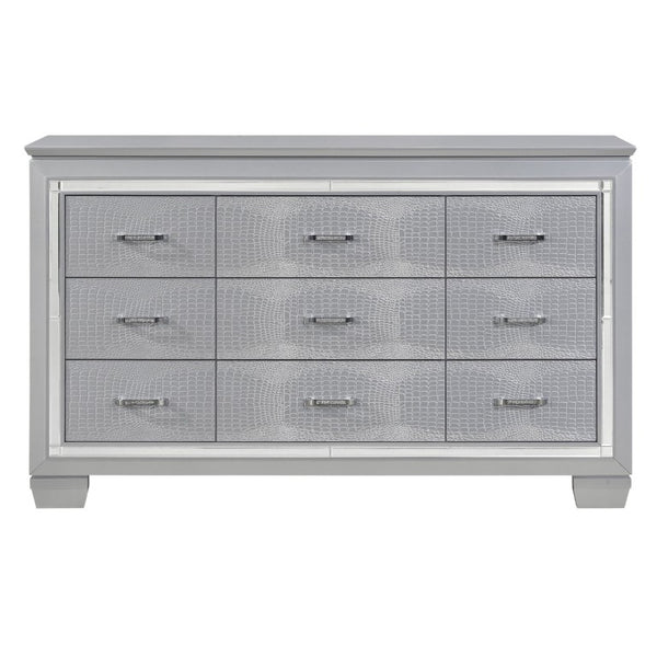 English Elm Modern Glam Silver Dresser with LED Mirror Embossed Alligator Drawers Bedroom B011S07637