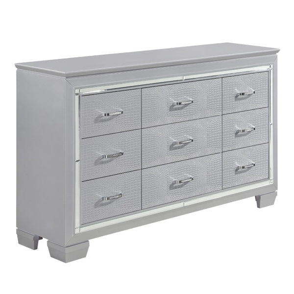English Elm Modern Glam Silver Dresser with LED Mirror Embossed Alligator Drawers Bedroom B011S07637