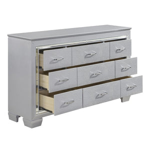 English Elm Modern Glam Silver Dresser with LED Mirror Embossed Alligator Drawers Bedroom B011S07637