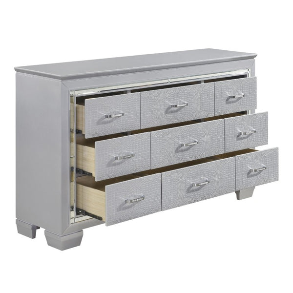 English Elm Modern Glam Silver Dresser with LED Mirror Embossed Alligator Drawers Bedroom B011S07637