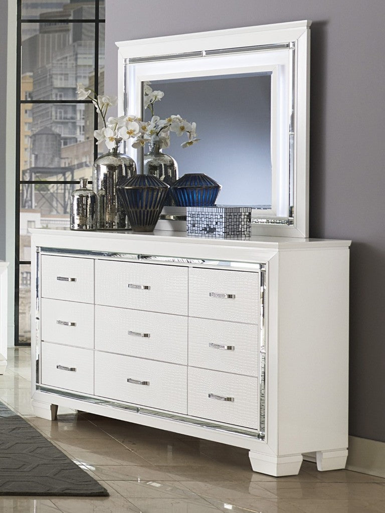 English Elm Modern Glam Nine Drawer Dresser with LED Mirror Faux Alligator Lacquer Bedroom B011S07638