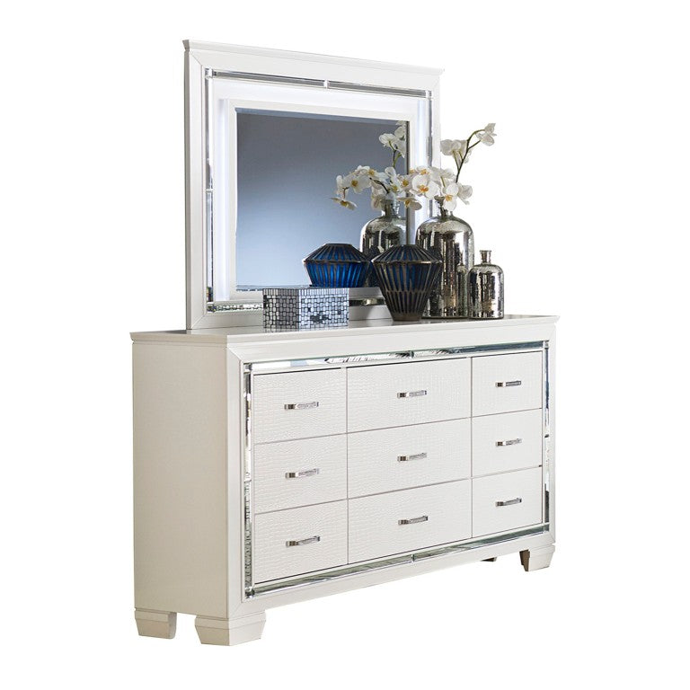 English Elm Modern Glam Nine Drawer Dresser with LED Mirror Faux Alligator Lacquer Bedroom B011S07638