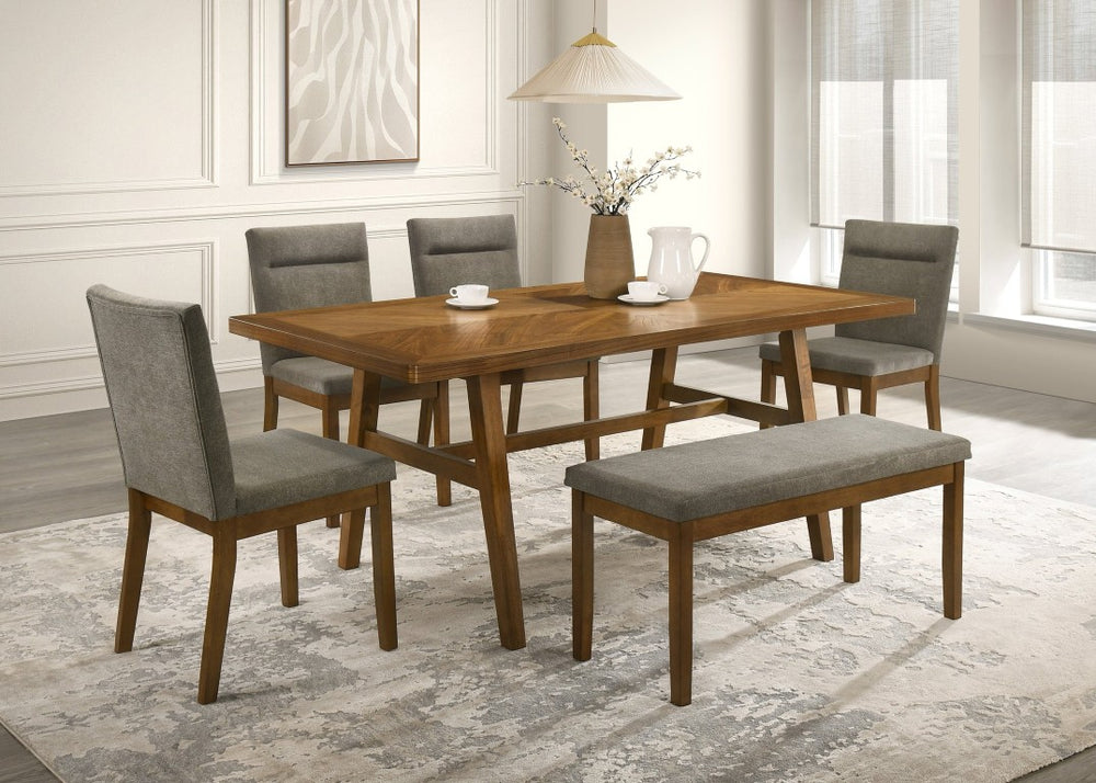 English Elm Mid-Century Modern 6 Piece Dining Set Trestle Table Tufted Gray Upholstered Chairs B011S07639