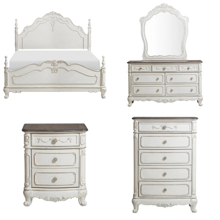 English Elm Antique White Victorian Carved Wood Bedroom Set with Dresser Chest and Nightstands Queen 5-Piece B011S07652