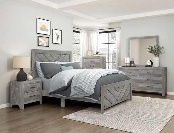 English Elm Gray Full Panel Bed Dresser Mirror Set with Weathered Wood Grain Veneer Finish B011S07677