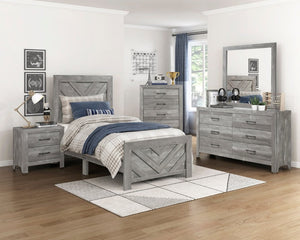 English Elm Gray Full Panel Bed Dresser Mirror Set with Weathered Wood Grain Veneer Finish B011S07677