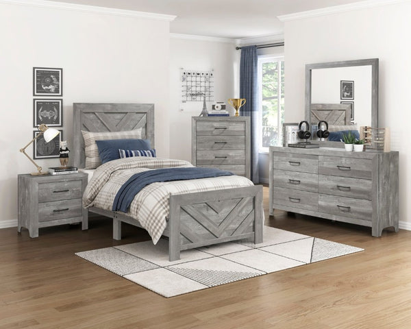 English Elm Gray Full Panel Bed Dresser Mirror Set with Weathered Wood Grain Veneer Finish B011S07677