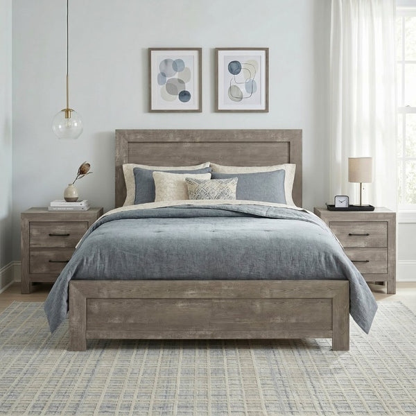 English Elm Gray Full Panel Bed Dresser Mirror Set with Weathered Wood Grain Veneer Finish B011S07677