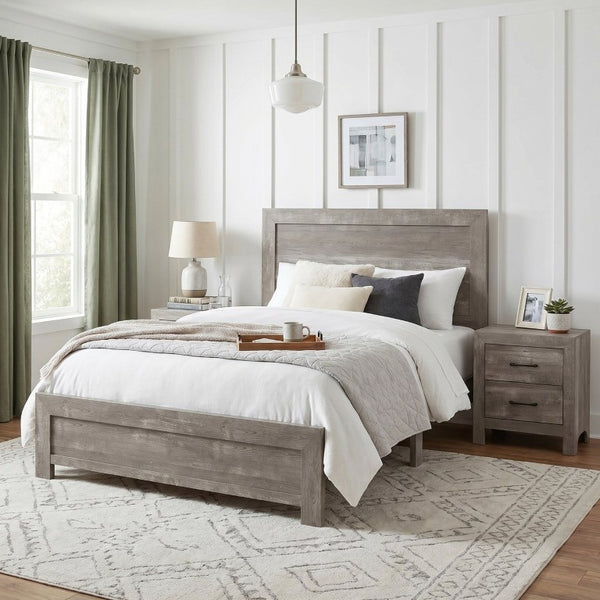 English Elm Gray Full Panel Bed Dresser Mirror Set with Weathered Wood Grain Veneer Finish B011S07677
