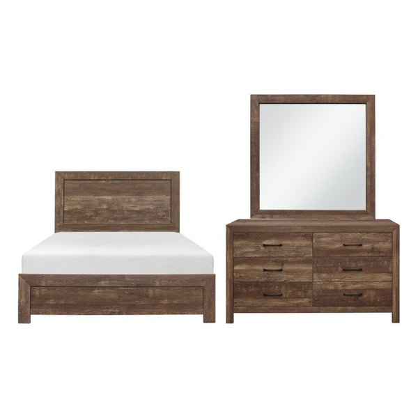 English Elm Brown Rustic Panel Bedroom Suite with Faux Wood Grain Dresser and Vanity Mirror B011S07684