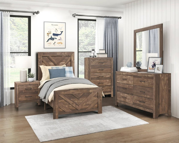 English Elm Brown Rustic Panel Bedroom Suite with Faux Wood Grain Dresser and Vanity Mirror B011S07684