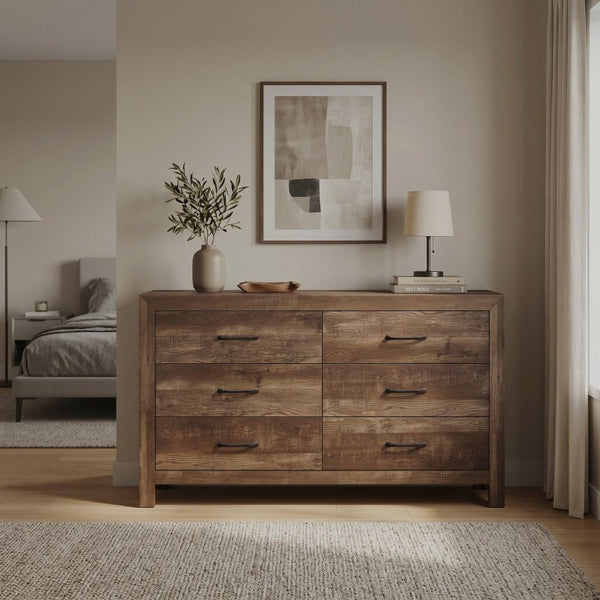 English Elm Brown Rustic Panel Bedroom Suite with Faux Wood Grain Dresser and Vanity Mirror B011S07684