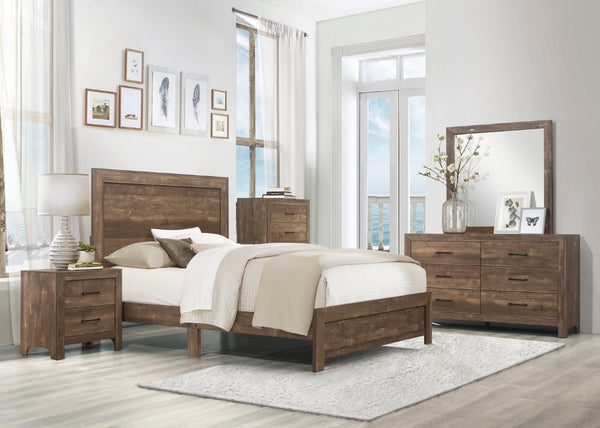 English Elm Brown Rustic Panel Bedroom Suite with Faux Wood Grain Dresser and Vanity Mirror B011S07684