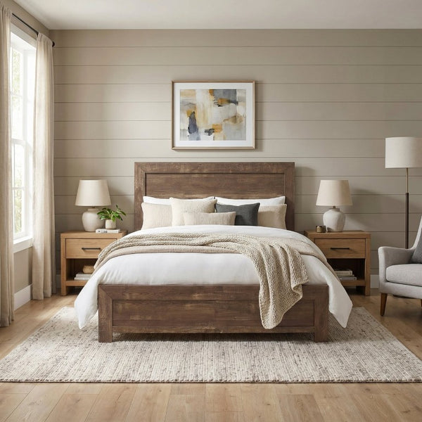 English Elm Brown Rustic Panel Bedroom Suite with Faux Wood Grain Dresser and Vanity Mirror B011S07684