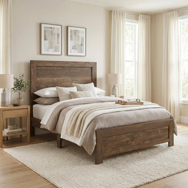 English Elm Brown Rustic Faux Wood Veneer Full Bedroom Set with Dresser Mirror and Panel Bed B011S07687