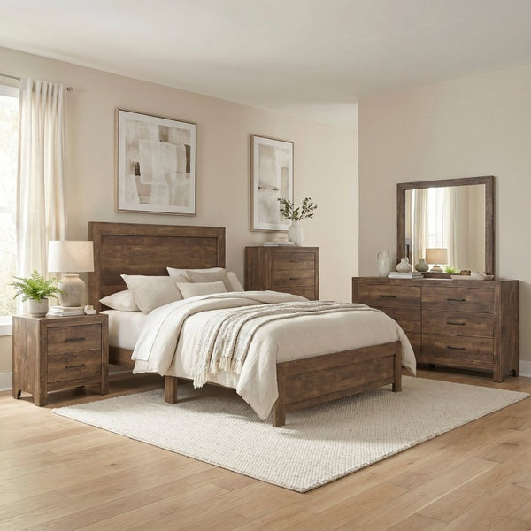 English Elm Brown Rustic Faux Wood Veneer Full Bedroom Set with Dresser Mirror and Panel Bed B011S07687