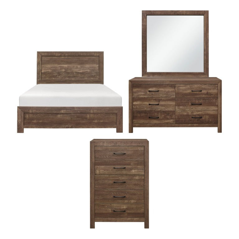 English Elm Brown Rustic Full Bedroom Set with Faux Wood Grain Dresser Mirror and Chest B011S07688