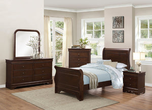 English Elm White Three Piece Bedroom Collection with Dresser Nightstand and Curved Mirror Frame Dark Cherry Full Bed, Nightstand & Chest B011S07699