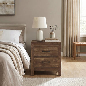 English Elm White Three Piece Bedroom Collection with Dresser Nightstand and Curved Mirror Frame Rustic Brown Nightstand, Dresser & Mirror B011S07819