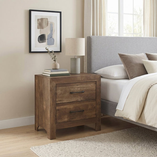 English Elm White Three Piece Bedroom Collection with Dresser Nightstand and Curved Mirror Frame Rustic Brown Nightstand, Dresser & Mirror B011S07819