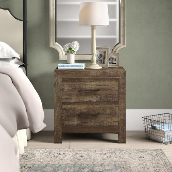 English Elm White Three Piece Bedroom Collection with Dresser Nightstand and Curved Mirror Frame Rustic Brown Nightstand, Dresser & Mirror B011S07819