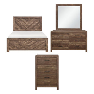 English Elm Brown Rustic Four Piece Eastern King Bedroom Set with V Pattern Headboard and Black Hardware B011S07822