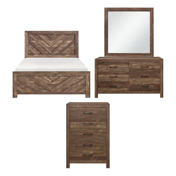 English Elm Brown Rustic Four Piece Eastern King Bedroom Set with V Pattern Headboard and Black Hardware B011S07822
