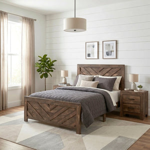 English Elm Brown Rustic Four Piece Eastern King Bedroom Set with V Pattern Headboard and Black Hardware B011S07822