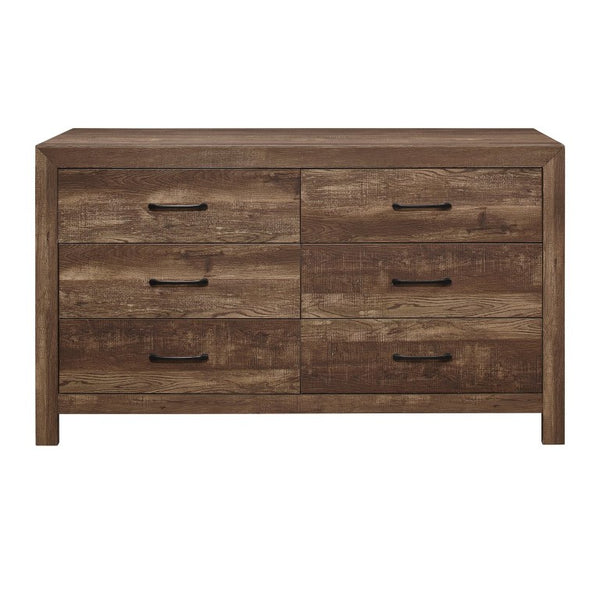 English Elm Brown Rustic Four Piece Eastern King Bedroom Set with V Pattern Headboard and Black Hardware B011S07822