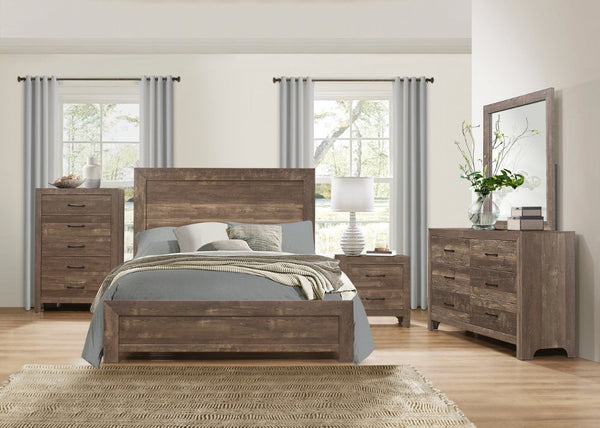 English Elm Brown Rustic Four Piece Eastern King Bedroom Set with V Pattern Headboard and Black Hardware B011S07822