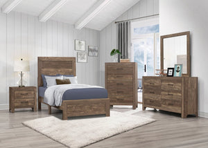 English Elm Brown Rustic Four Piece Eastern King Bedroom Set with V Pattern Headboard and Black Hardware B011S07822
