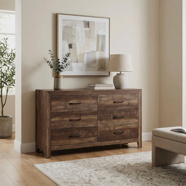 English Elm Brown Rustic Four Piece Eastern King Bedroom Set with V Pattern Headboard and Black Hardware B011S07822