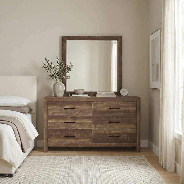 English Elm Brown Rustic Four Piece Eastern King Bedroom Set with V Pattern Headboard and Black Hardware B011S07822