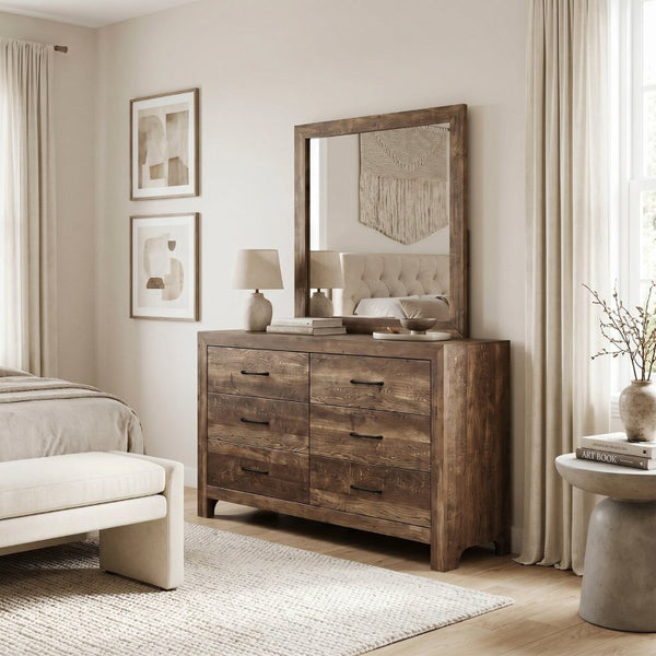 English Elm Brown Rustic Four Piece Eastern King Bedroom Set with V Pattern Headboard and Black Hardware B011S07822