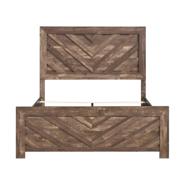 English Elm Brown Rustic Four Piece Eastern King Bedroom Set with V Pattern Headboard and Black Hardware B011S07822