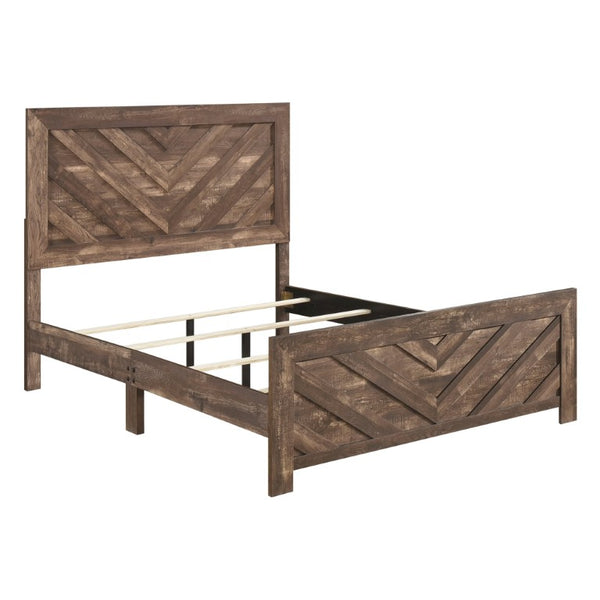 English Elm Brown Rustic Four Piece Eastern King Bedroom Set with V Pattern Headboard and Black Hardware B011S07822
